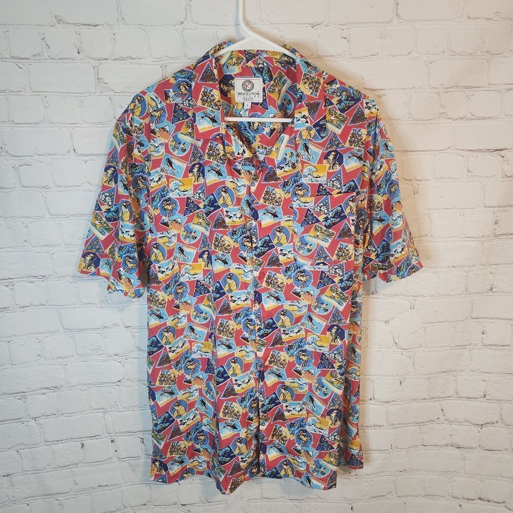 Resolution Vibrant Multicolor Men's Hawaiian Shirt, Size Large